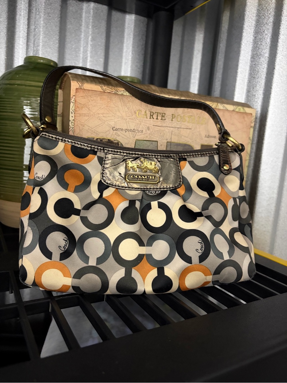 Coach Multicolor Circle Print Shoulder Bag with Brown Trim